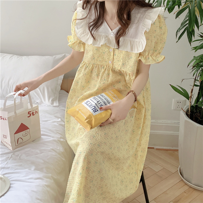 [당일출고] 노랑 레이스 플라워 반팔 원피스 파자마 잠옷 홈웨어